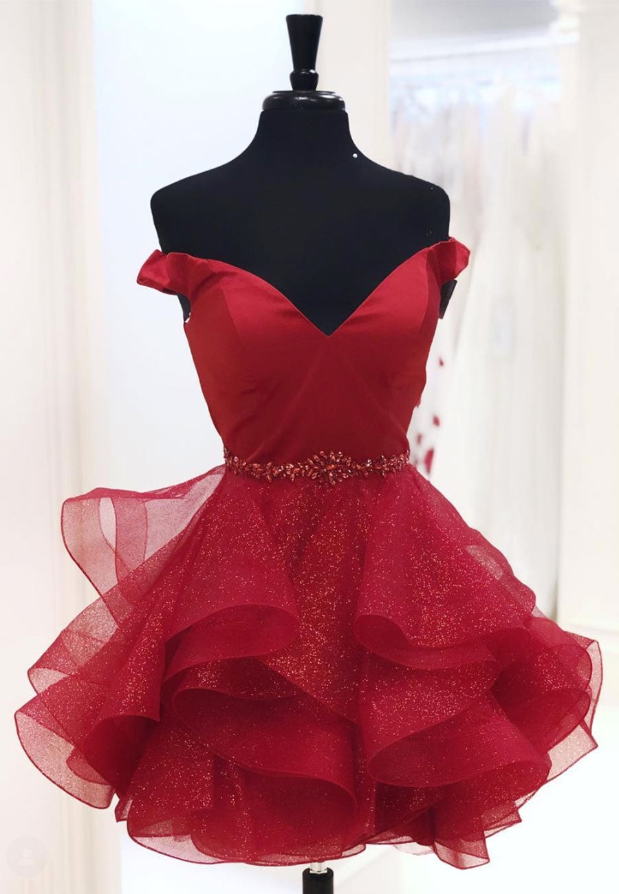 Vestidos de fiesta cortos con escote en V y hombros descubiertos en rojo