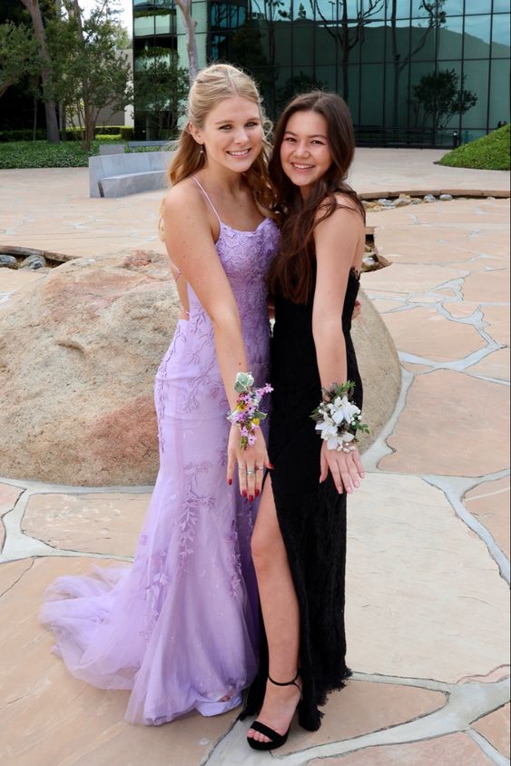 Vestidos de fiesta de sirena con encaje lila, vestidos de graduación sin espalda, vestidos formales