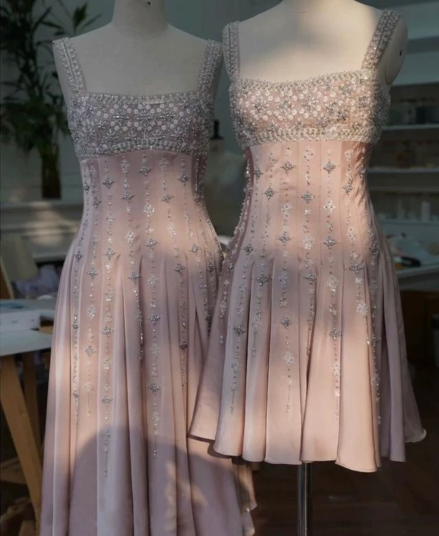 shopuniqlos-Pink Gorgeous Exquisite Beaded Short Satin Homecoming Dress Birthday Dress gh5306