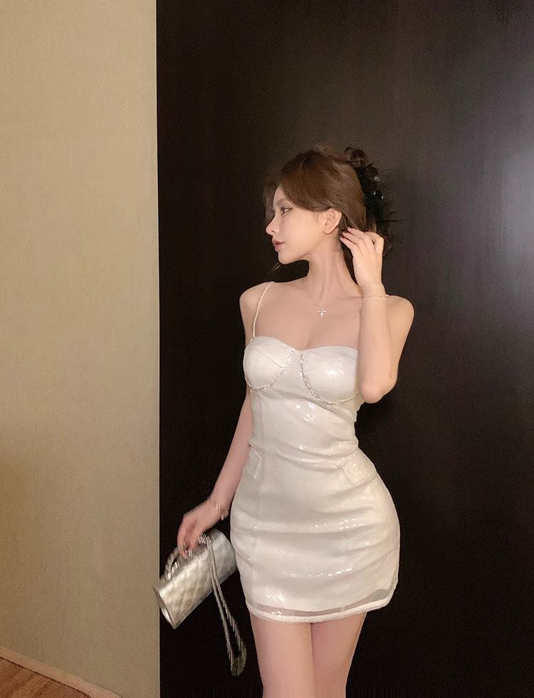 Vestido de fiesta de moda beige con lentejuelas, diseño ajustado, corte A, tirantes finos, TP3688