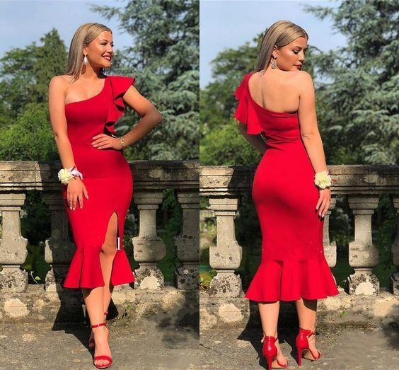 Vestidos de cóctel de sirena rojos con un hombro al descubierto y abertura lateral, largo hasta la rodilla, vestidos formales para fiesta de graduación para mujer