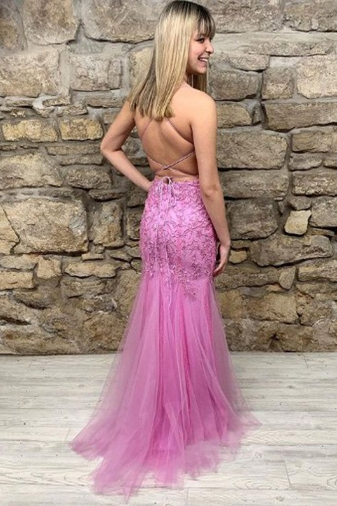 Mermaid Backless Purple Lace Tulle Long Prom Dress, Long Evening Dress GP345