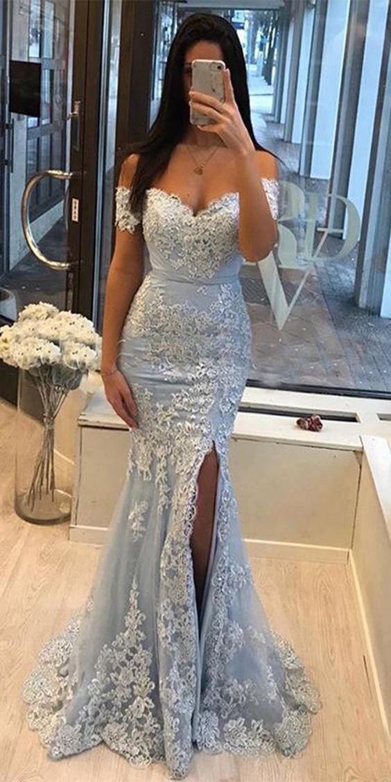 Blue Off the Shoulder Split Mermaid Prom Dress With Lace Appliques GP197
