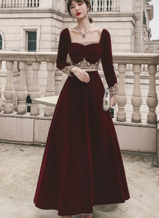 Charming Velvet A-line Long Prom Dress, Long Sleeves Formal Dress cg22197