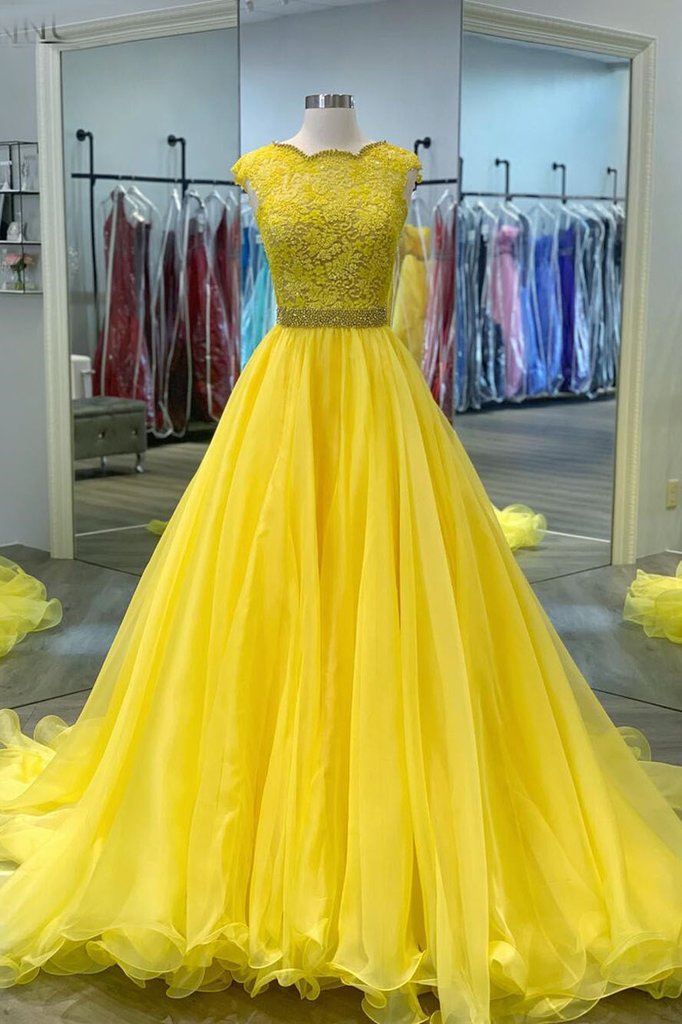 New Brand Yellow Lace Tulle Beaded Long Prom Dress Formal Dresses cg22209