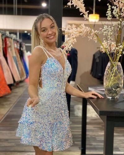 A-line White and Blue Sequined Party Homecoming Dress, cg22234