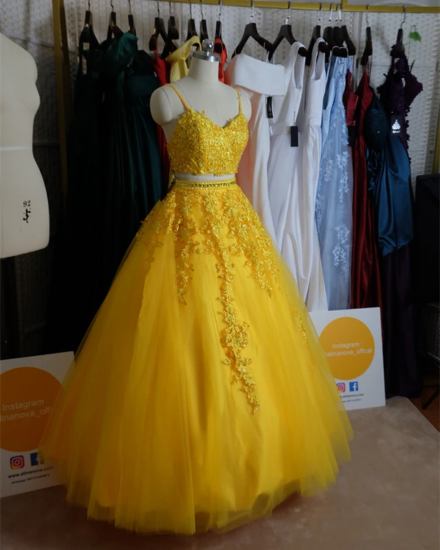 Beautiful Yellow Tulle Sweet 16 Dresses, Ball Gown 2 Pieces Evening Dress, Formal Dress prom dress evening dress cg22266