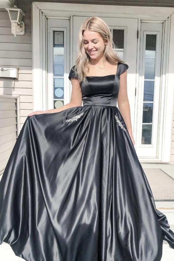 Black satin long A line prom dress evening dress cg22275