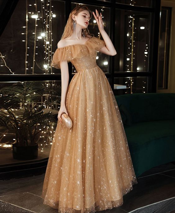 Simple tulle off shoulder lace long prom dress lace formal dress cg22302