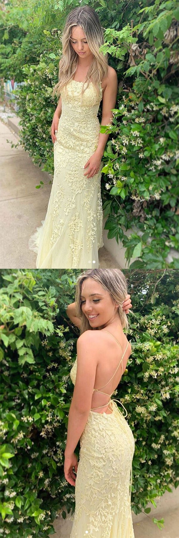 Yellow tulle lace backless long evening dress, yellow prom dress cg22307