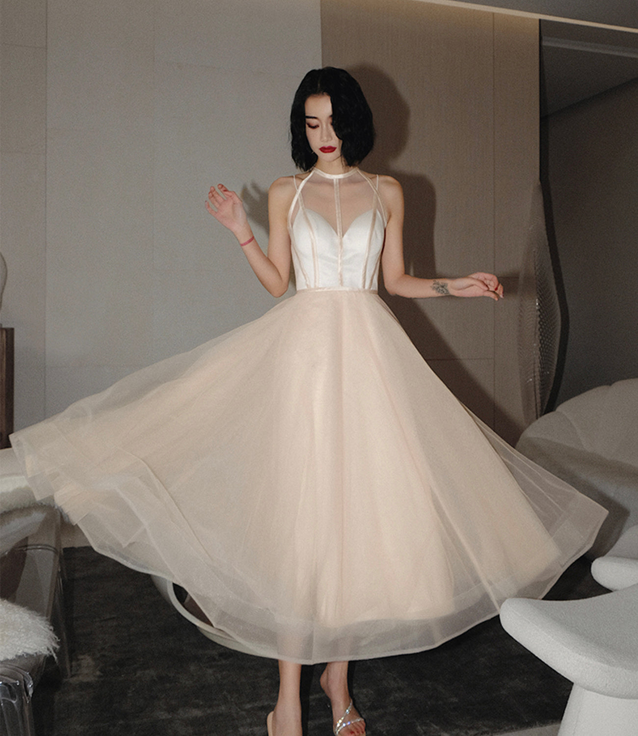 CUTE TULLE SEE THROUGH SHORT PROM DRESS CHAMPAGNE EVENING DRESS cg22313