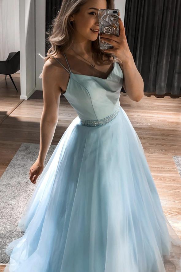 Blue tulle satin long A line prom dress evening dress cg22318