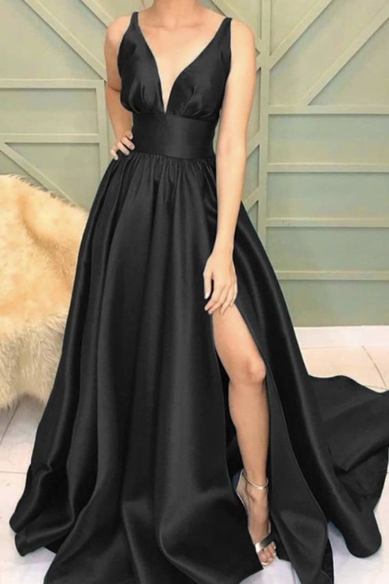 black satin split prom dresses cg22359