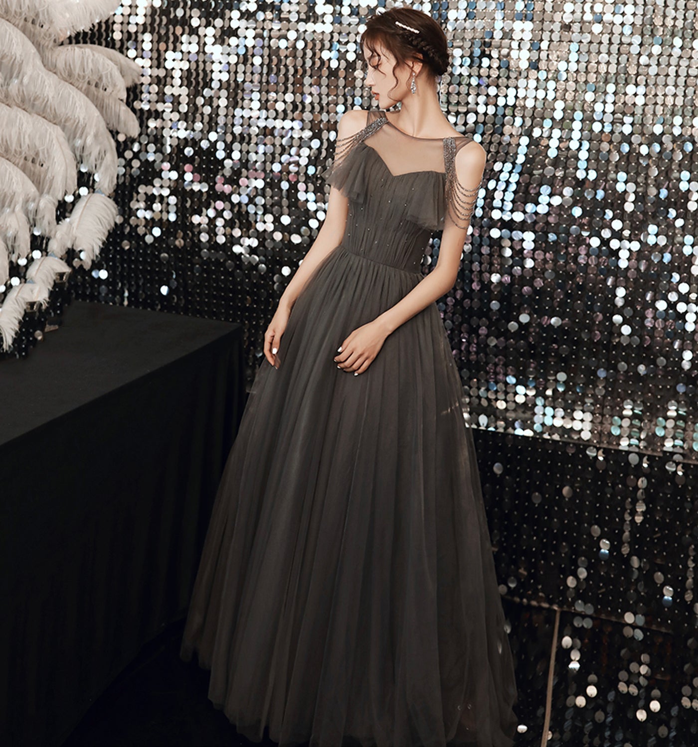 GRAY TULLE LONG A LINE PROM DRESS EVENING DRESS cg22362