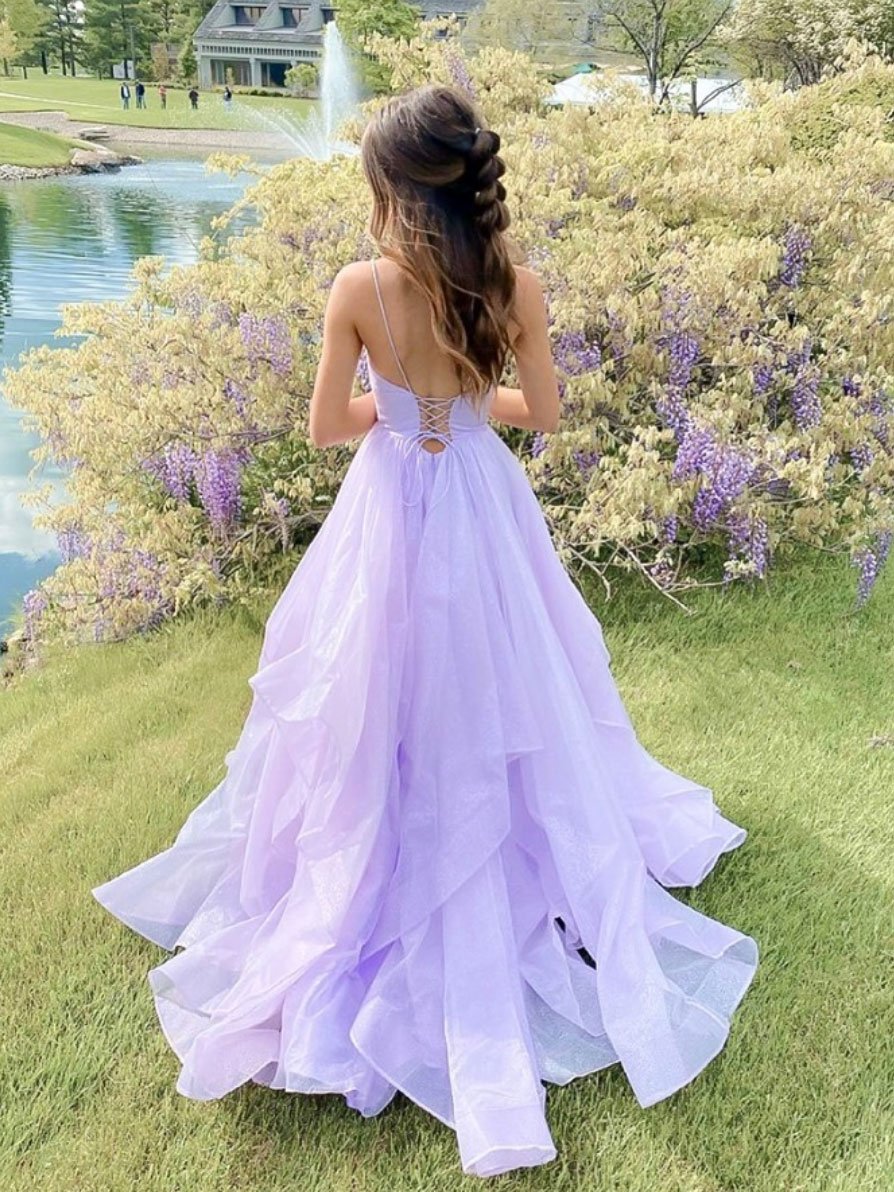 Purple v neck tulle long prom dress purple evening dress cg22380