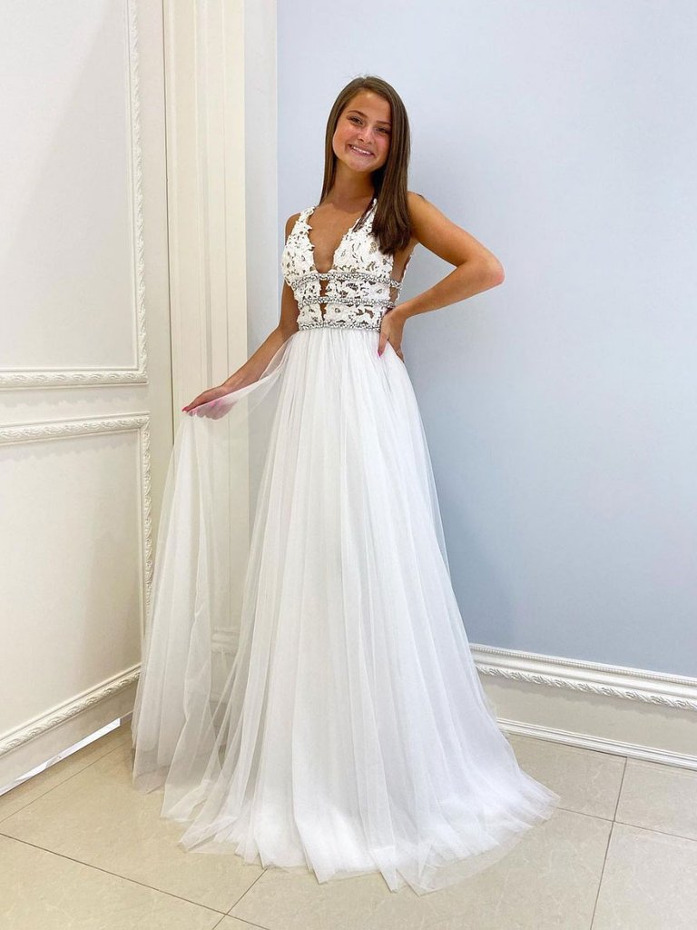 WHITE V NECK TULLE LACE LONG PROM DRESS WHITE LACE FORMAL DRESS cg22381
