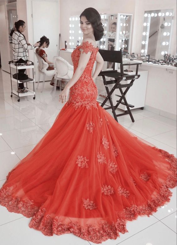 Orange mermaid prom dresses elegant lace off the shoulder evening gown for school events cg22451