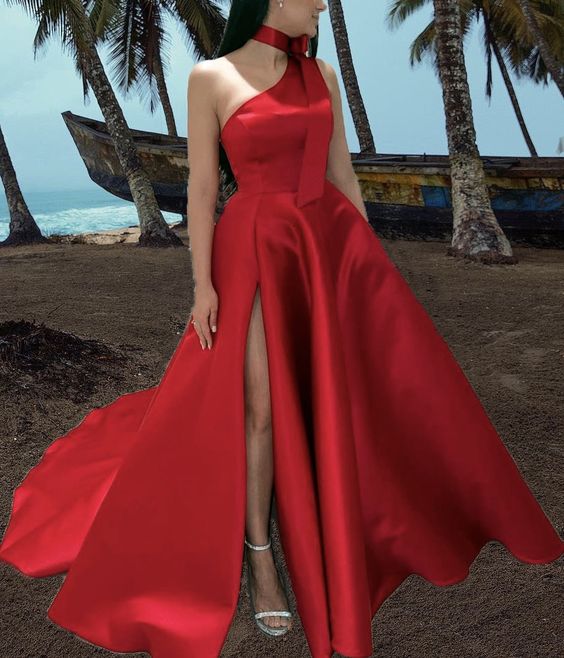 Red prom dresses one shoulder satin split evening gown for special occasions cg22453