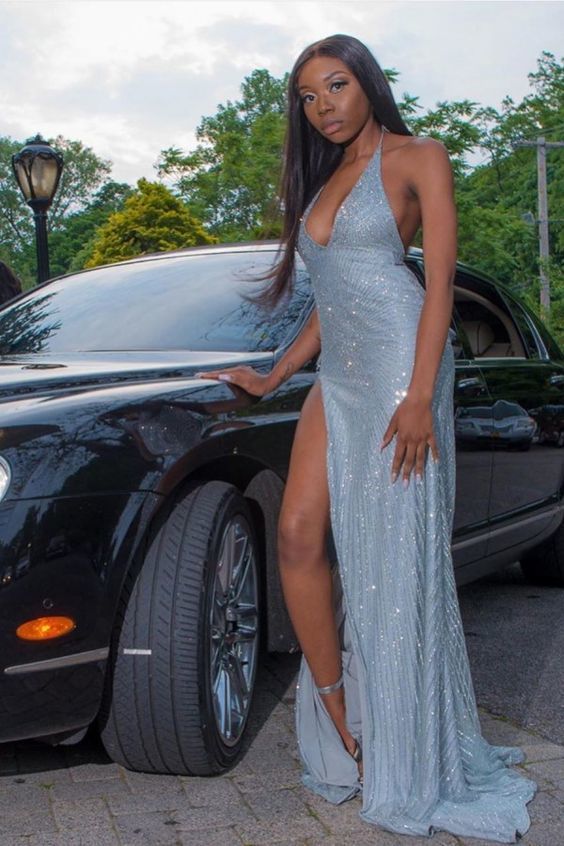 Glitter Halter Deep V-neck Sequin Prom Dresses with Side Slit cg22474