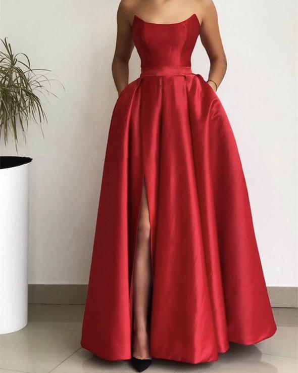 Long Strapless Prom Dresses Satin With Pockets cg22507