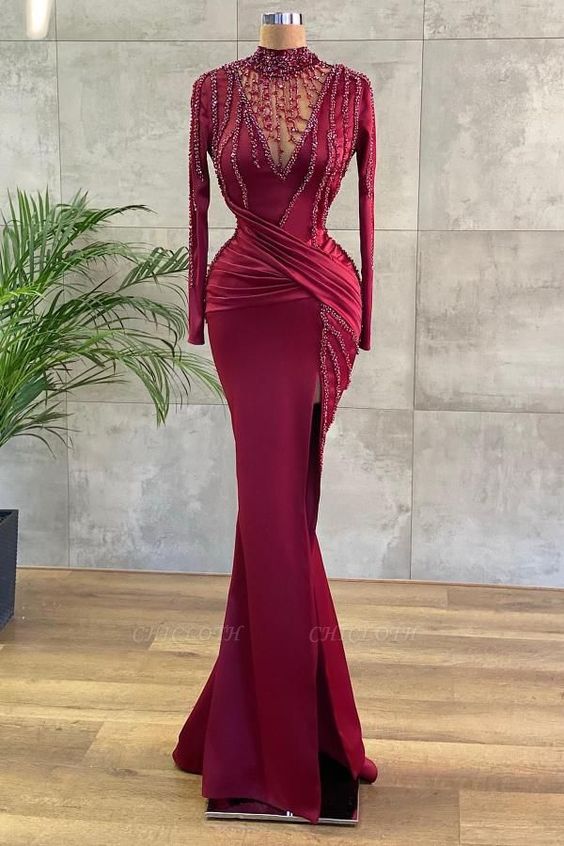 Luxury Evening Dresses Long Wine Red Prom Dresses With Sleeves cg22516