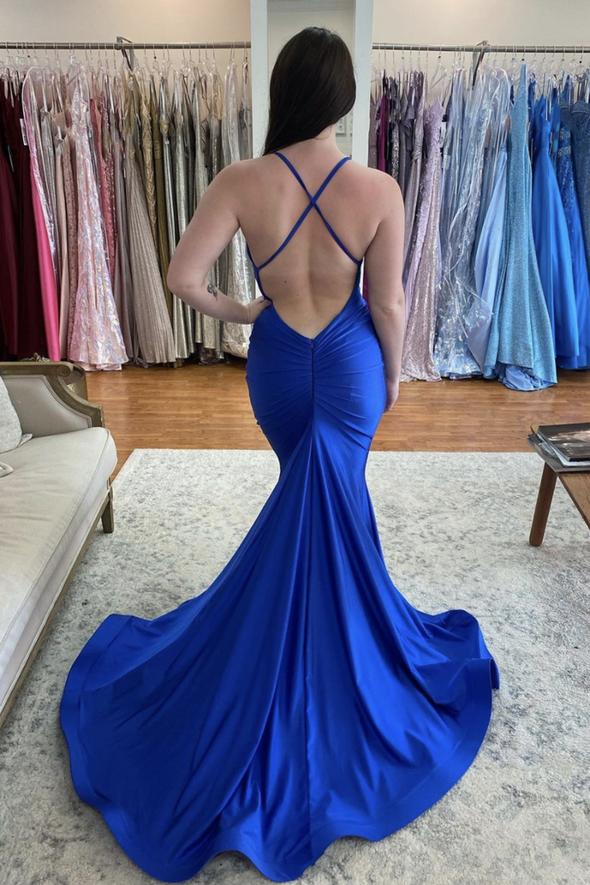 Blue long v neck prom dress mermaid evening dress cg22520