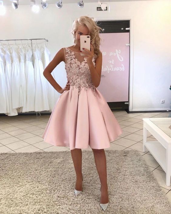 Pink Satin Lace Short A-line Cute Homecoming Dresses For Teens cg22529