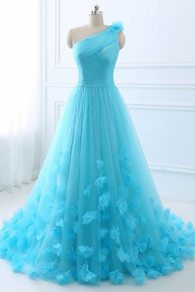 One Shoulder Blue 3D Flowers Long Prom Dress, Blue Floral Formal Evening Dress cg22531