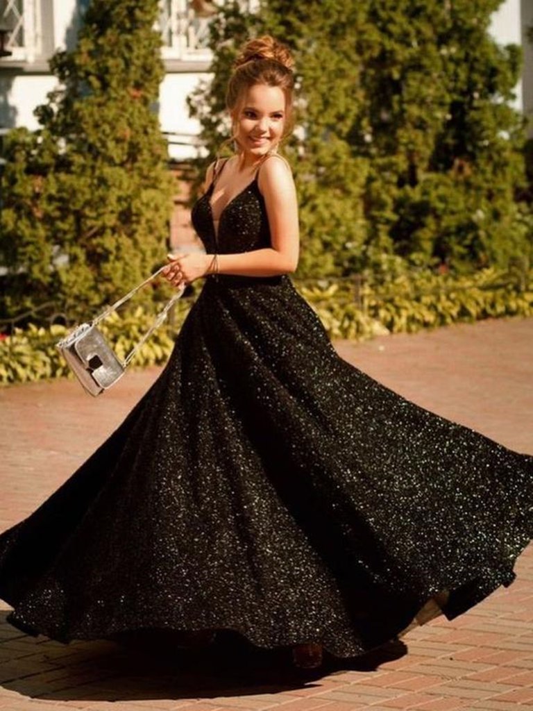 Shiny V Neck Backless Black Long Prom Dresses, Open Back Black Formal Evening Dresses, Sparkly Black Ball Gown cg22562