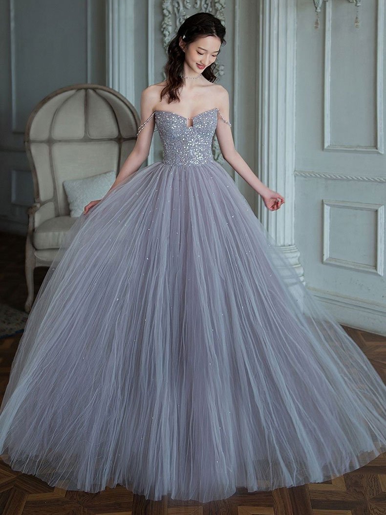 Unique sweetheart sequin tulle long prom dress tulle evening dress cg22573