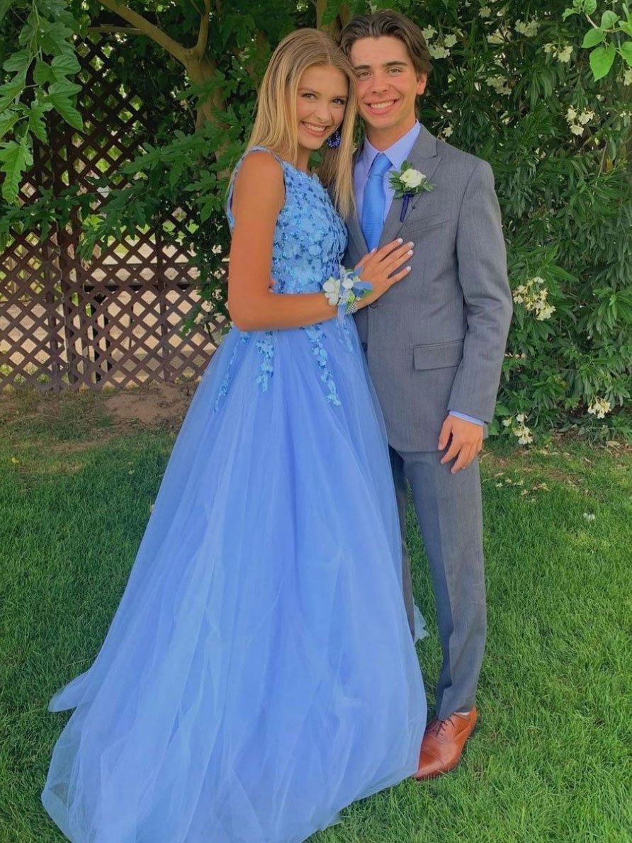 Blue one shoulder sequin tulle long prom dress blue evening dress cg22574