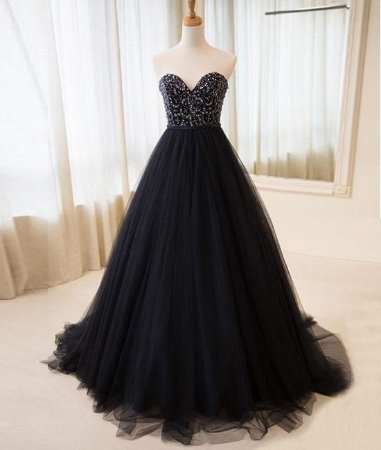 Black tulle sweetheart neck long prom dress, black evening dress cg22597