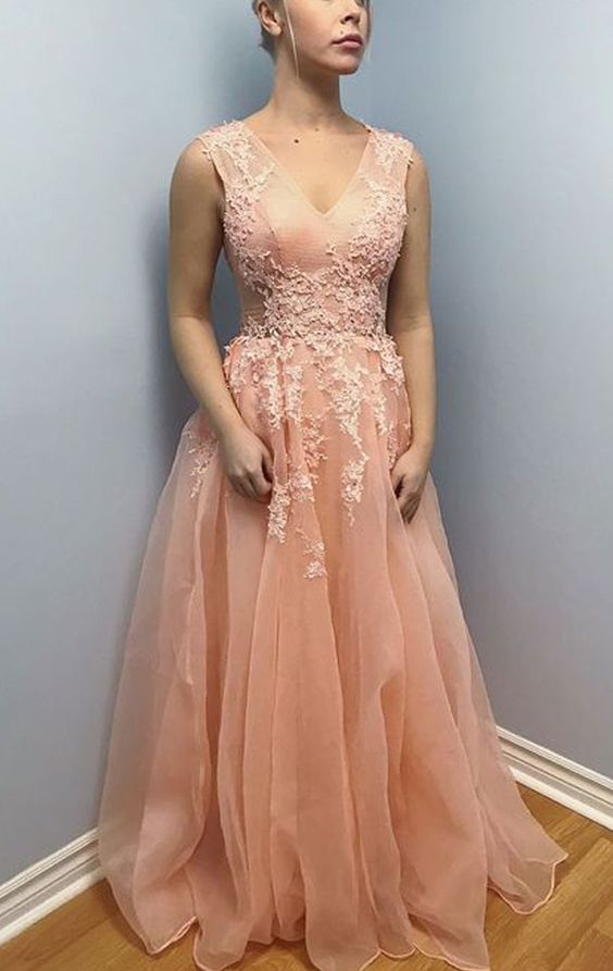 Straps V Neck Lace Organza Long Prom Dress Peach Formal Evening Gown cg22688