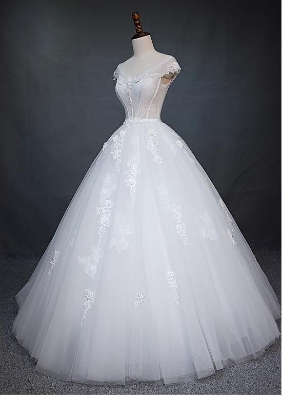 V-neck Neckline Ball Gown Wedding Prom Dress With Beaded Lace Appliques cg22705