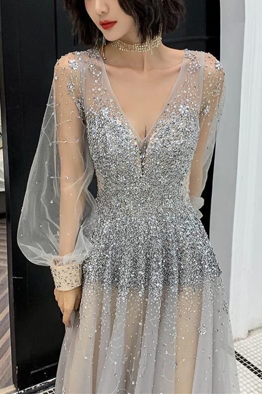 Luxurious Long Sleeves Silver Sequins Long Prom Dress cg22719