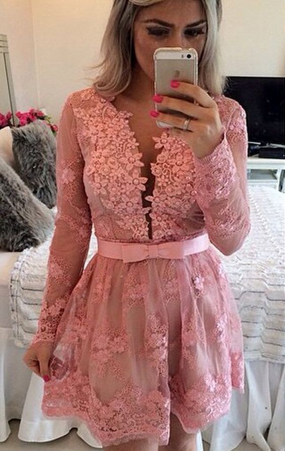 Long Sleeves V Neck Lace Homecoming Dress Pink Formal Evening Gown cg22734