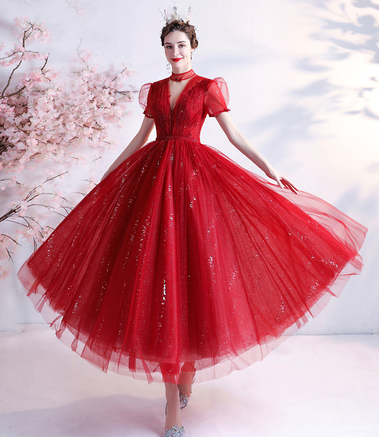 RED TULLE SHORT A LINE PROM DRESS cg22752
