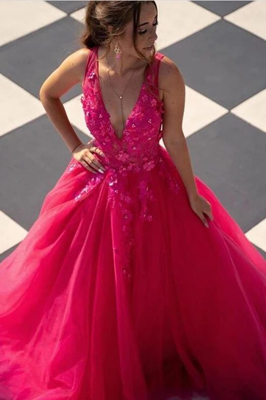 Deep V-neck Tulle Long Prom Dresses with Appliques and Beading cg22770
