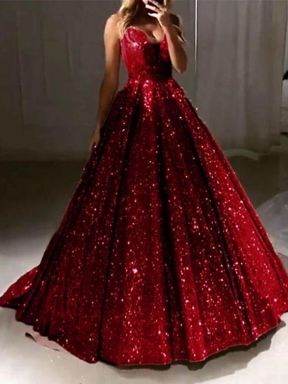 Chic Long Ball Gown V-neck Sequin Shiny Prom Dresses cg22776