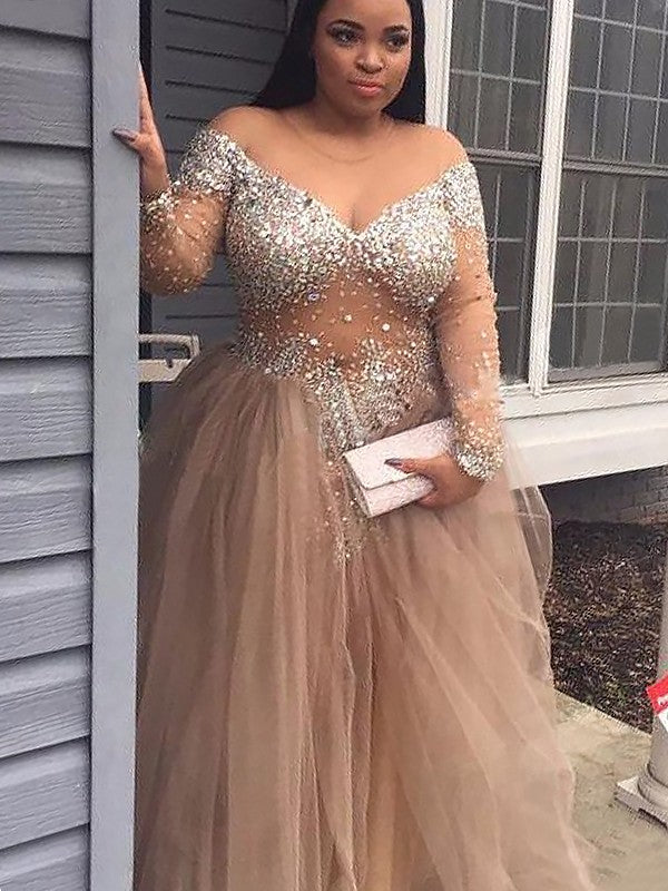 Ball Gown Off-the-Shoulder Long Sleeves Sequin Tulle Floor-Length prom Dresses cg22807