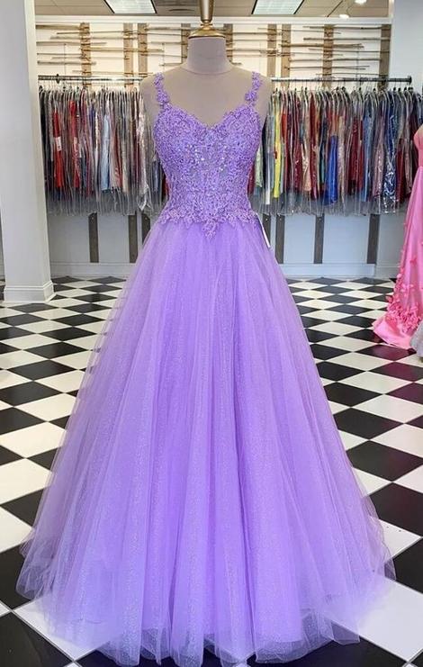 Lavender Tulle Lace Long Prom Dresses cg22849