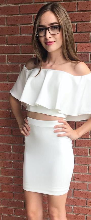 Sexy Two Piece Off The Shoulder Short White Tight Homecoming Dresses cg22881