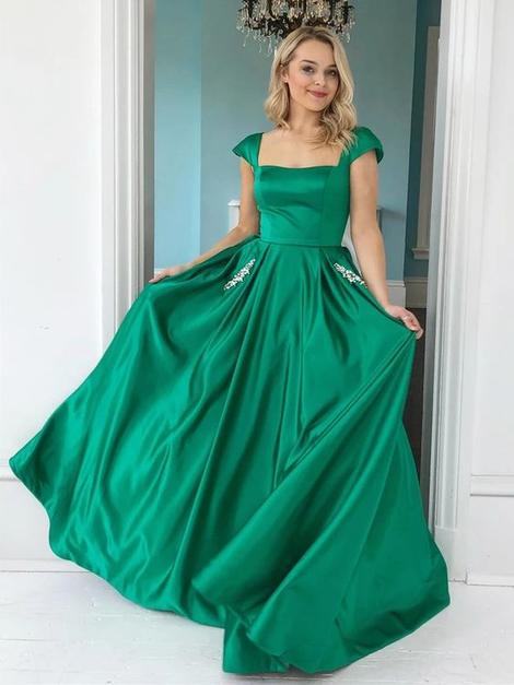 Charming A-Line Scoop Neck Cap Sleeve Green Satin Prom Dresses with Beaded Pockets cg22901