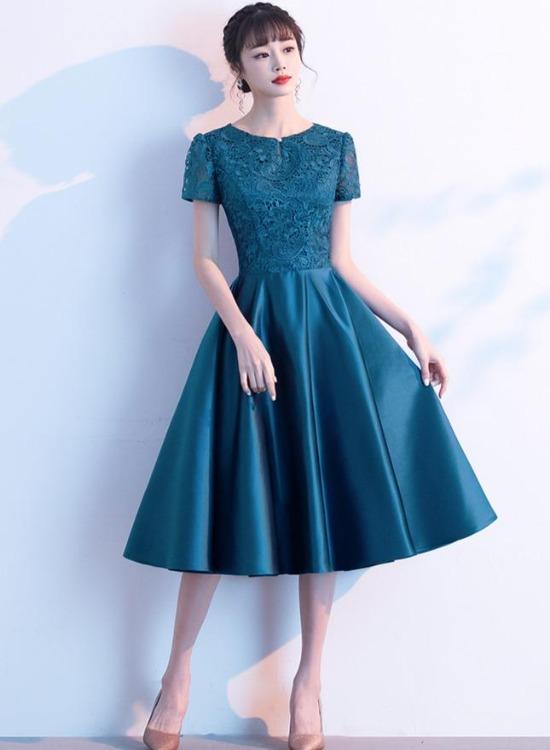 Teal Green Round Neckline Satin With Lace Wedding Party Dresses, Short homecoming Dresses cg22964