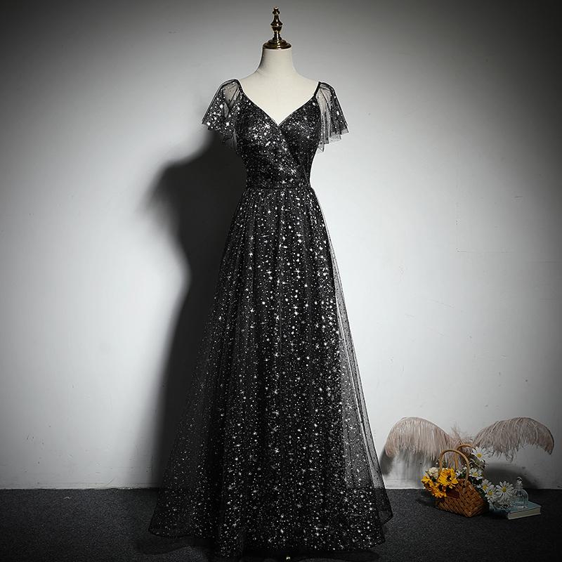 Black V-Neckline Cap Sleeves Floor Length Party prom Dress, Black A-Line Evening Dress cg22965
