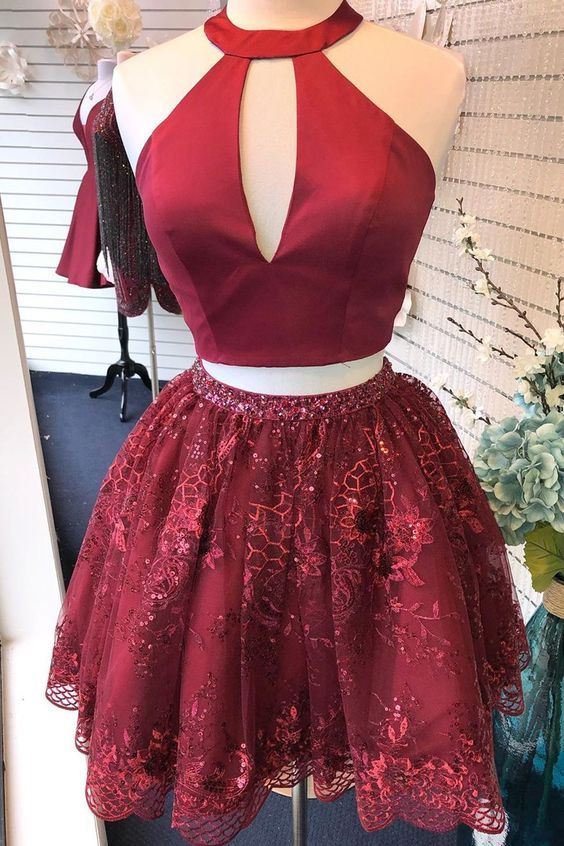 Two Piece Burgundy Beaded Sequins Homecoming Dress With Cut Out cg23084