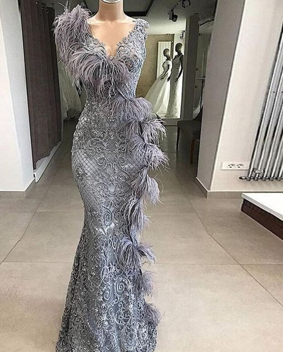 Prom Dresses Feather Lace Applique Evening Dresses Long V Neck Mermaid Modest Gray Elegant Luxury Formal dress cg23273