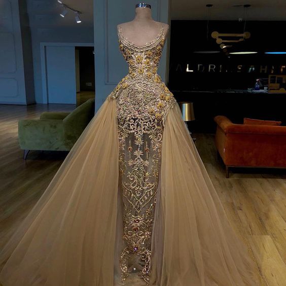 Gold Prom Dresses, Detachable Prom Dress, Sequins Prom Dress, Sheath Evening Dresses cg23274