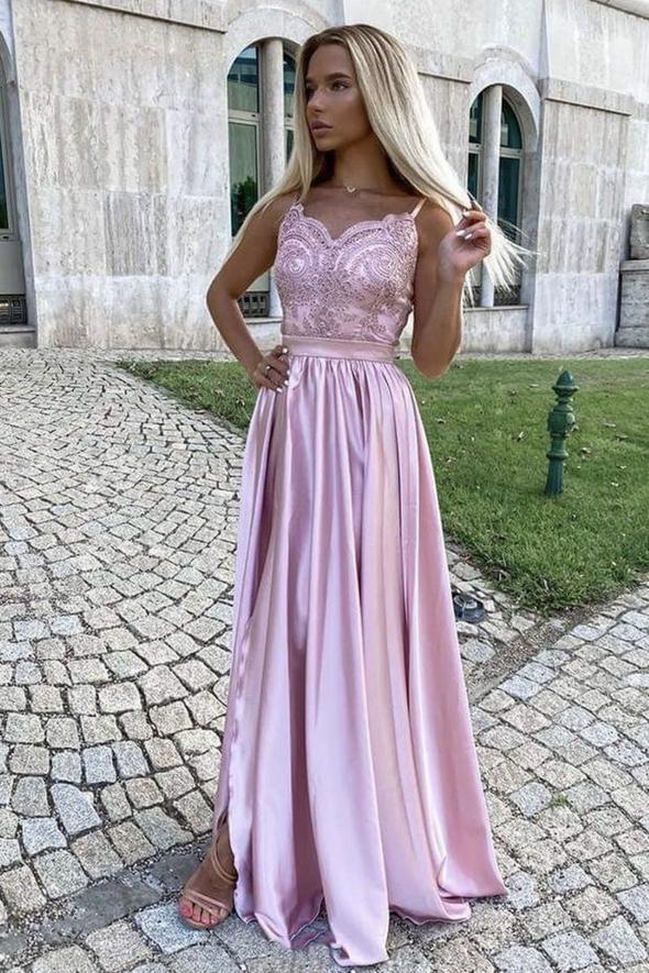 Pink lace long A line prom dress pink evening dress cg23367