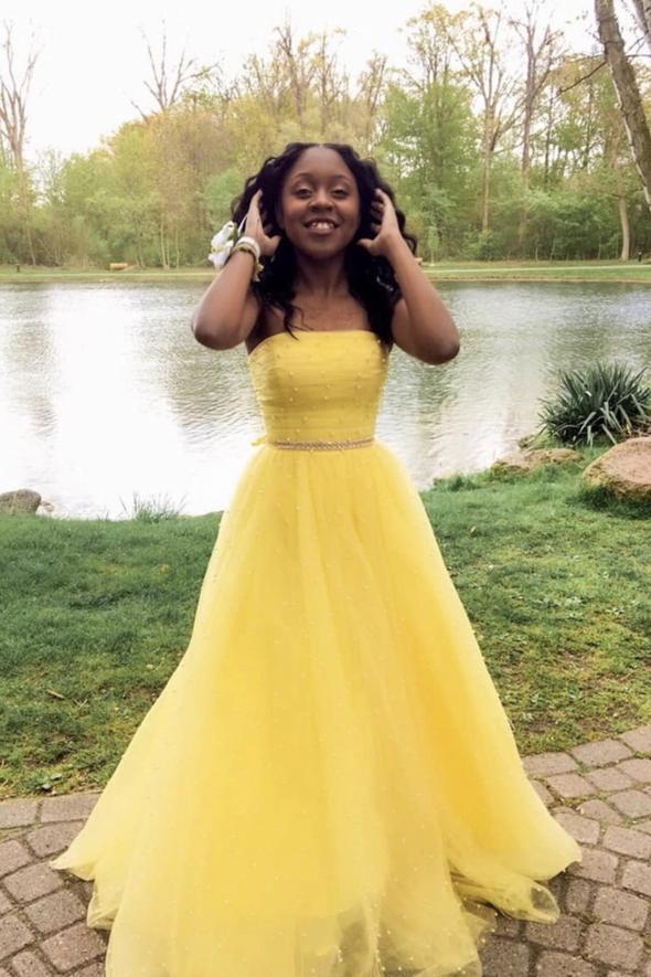 Yellow tulle long A line prom dress yellow evening dress cg23368